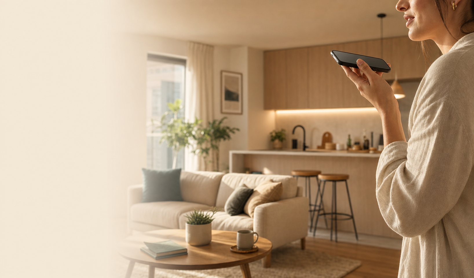 A guest speaking into a phone in a warmly furnished apartment
